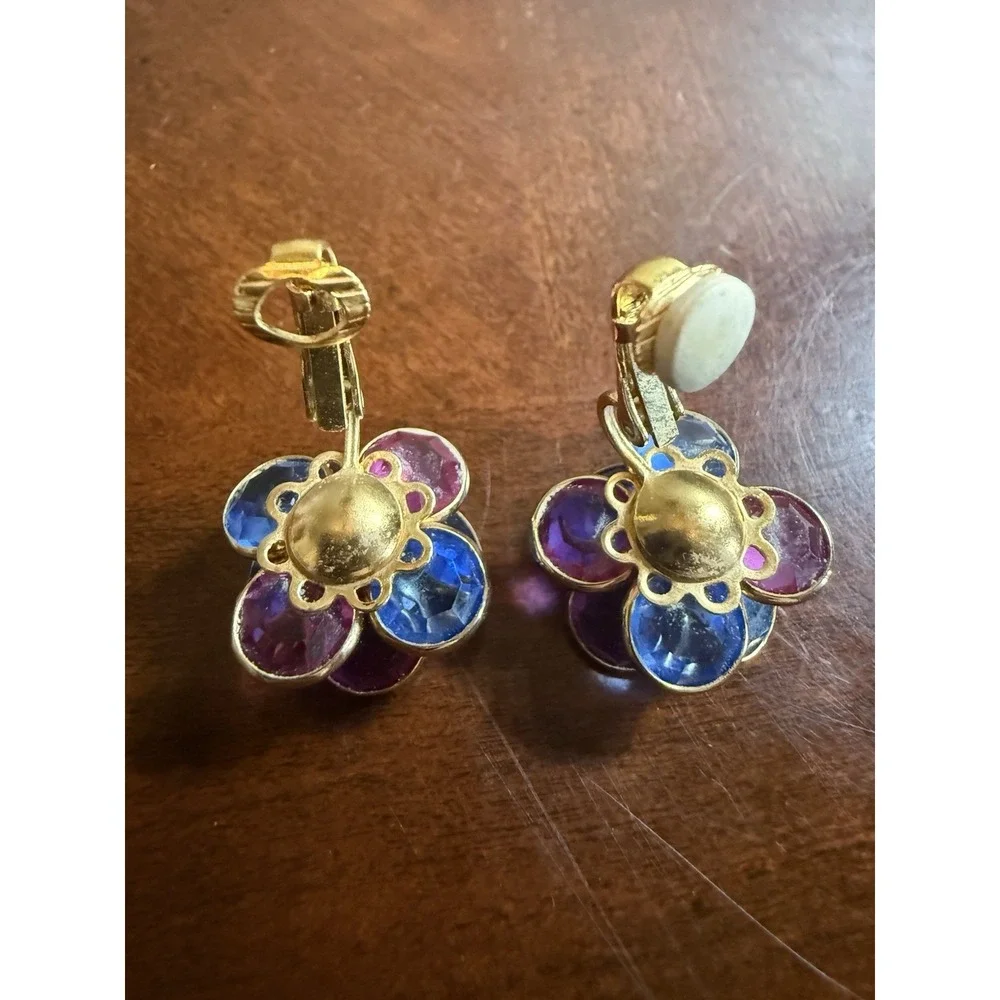 Vtg Multicolor Flower Clip On Earrings Gold Tone Faceted Glass Mod Statement‎